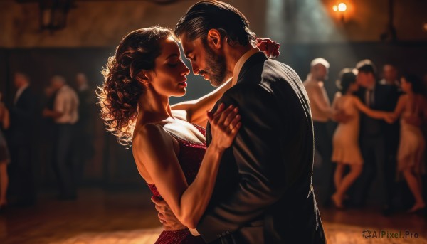 1girl,breasts,multiple girls,brown hair,black hair,1boy,dress,cleavage,medium breasts,closed eyes,hetero,blurry,lips,hug,makeup,blurry background,facial hair,formal,red dress,suit,couple,lipstick,kiss,beard,curly hair,realistic,dancing,manly,imminent kiss,hand on another's back,long hair,jewelry,earrings,multiple boys,dark skin,crowd