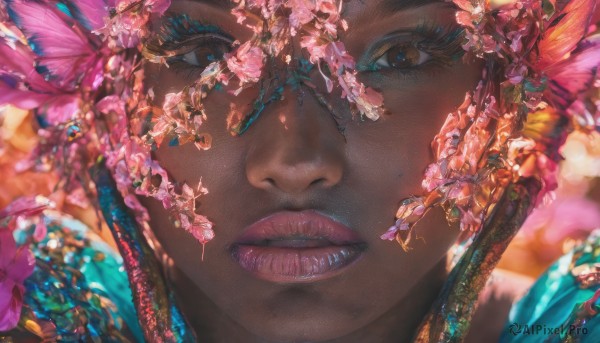 1girl, solo, looking at viewer, blue eyes, brown hair, hair ornament, flower, parted lips, dark skin, blurry, dark-skinned female, lips, eyelashes, makeup, portrait, close-up, pink flower, freckles, realistic, nose, colorful