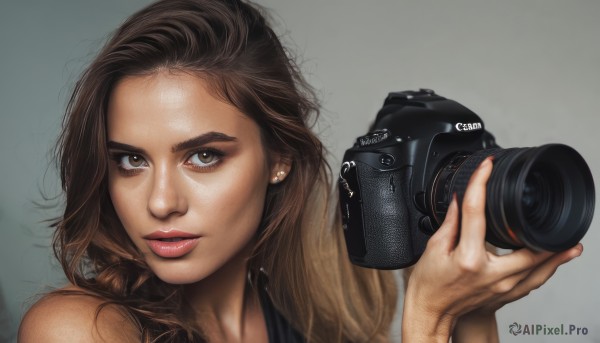 1girl,solo,long hair,looking at viewer,brown hair,holding,bare shoulders,brown eyes,jewelry,multicolored hair,earrings,parted lips,nail polish,lips,fingernails,makeup,lipstick,portrait,freckles,realistic,nose,camera,red lips,holding camera