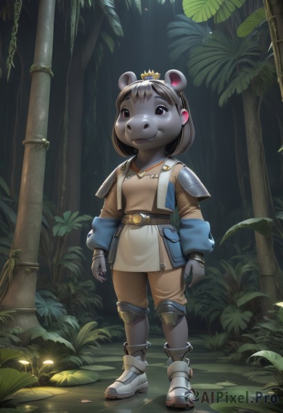 1girl,solo,looking at viewer,smile,short hair,brown hair,animal ears,brown eyes,closed mouth,standing,full body,boots,outdoors,belt,armor,black eyes,tree,white footwear,crown,plant,shoulder armor,child,nature,furry,forest,mouse ears,furry female,female child,knee pads,shoulder pads,pillar,black hair,jewelry,leaf,furry male,bamboo