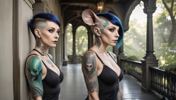 1girl,breasts,short hair,blue eyes,multiple girls,black hair,2girls,cleavage,jewelry,medium breasts,blue hair,multicolored hair,earrings,horns,two-tone hair,tree,lips,grey eyes,tattoo,makeup,piercing,camisole,dual persona,reflection,asymmetrical hair,realistic,arm tattoo,animal ears,siblings,sisters,ear piercing,mouse ears,very short hair,undercut,cyborg,mohawk,cyberpunk,eyebrow piercing