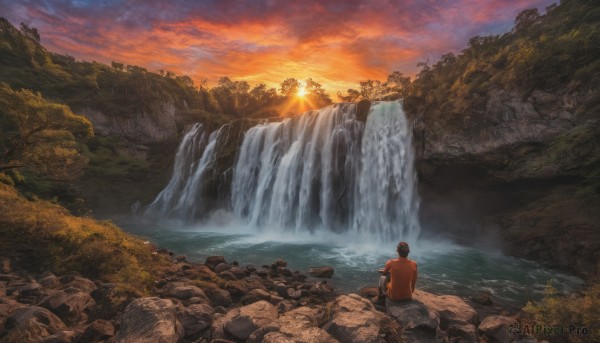 solo, 1boy, sitting, male focus, outdoors, sky, cloud, water, from behind, tree, nature, scenery, sunset, rock, mountain, sun, waterfall