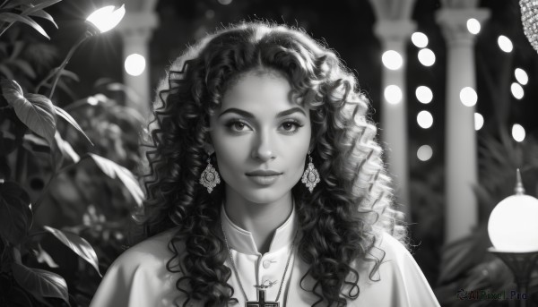 1girl,solo,long hair,looking at viewer,smile,shirt,jewelry,closed mouth,monochrome,upper body,greyscale,earrings,dark skin,necklace,blurry,dark-skinned female,lips,eyelashes,depth of field,blurry background,leaf,watermark,wavy hair,plant,portrait,curly hair,realistic,nose,pillar,flower,outdoors,artist name,hood,cross,hood up,bokeh