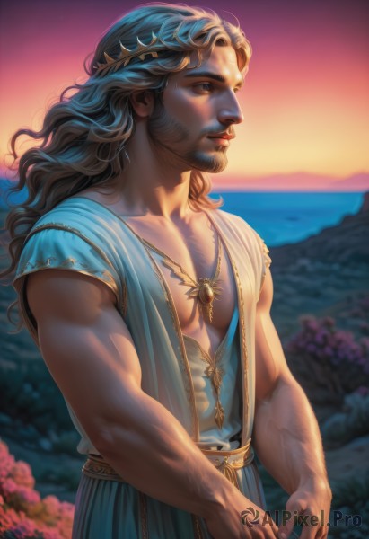 solo,long hair,blue eyes,brown hair,1boy,jewelry,closed mouth,standing,upper body,short sleeves,male focus,outdoors,sky,artist name,signature,water,necklace,blurry,lips,looking to the side,muscular,blurry background,facial hair,ocean,wavy hair,own hands together,pectorals,muscular male,beard,veins,sunset,mature male,realistic,nose,mustache,chest hair,pectoral cleavage,shirt,brown eyes,collarbone,open clothes,sleeveless,belt,backlighting,circlet,looking afar,tunic