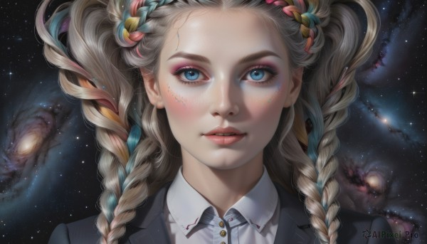 1girl,solo,long hair,looking at viewer,blush,blue eyes,blonde hair,shirt,hair ornament,closed mouth,blue hair,jacket,white shirt,braid,multicolored hair,parted lips,collared shirt,artist name,twin braids,two-tone hair,lips,streaked hair,black jacket,eyelashes,makeup,wing collar,portrait,star (sky),eyeshadow,starry sky,freckles,realistic,nose,red lips,space,planet,mascara,galaxy,brown hair,twintails,upper body,pink hair,grey hair,sky,teeth,aqua hair,glowing,facial mark,formal,blazer,suit,lipstick,forehead,pink lips,multiple braids