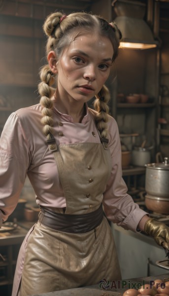 1girl,solo,long hair,breasts,looking at viewer,blonde hair,shirt,gloves,long sleeves,twintails,jewelry,standing,braid,earrings,parted lips,food,indoors,hair bun,blurry,black eyes,apron,twin braids,lips,double bun,blurry background,knife,realistic,kitchen,blue eyes,dress,forehead,freckles,nose,dirty,yellow gloves,dirty face,potato