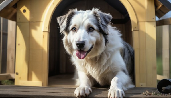 HQ,looking at viewer,open mouth,blue eyes,day,tongue,artist name,indoors,signature,tongue out,no humans,window,animal,fangs,watermark,dog,realistic,door,animal focus,solo,brown eyes,outdoors,shadow,sunlight,web address,claws