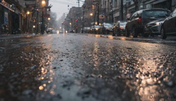 outdoors, sky, signature, blurry, no humans, night, ground vehicle, building, scenery, motor vehicle, city, sign, car, road, vehicle focus, power lines, lamppost, street, utility pole, road sign