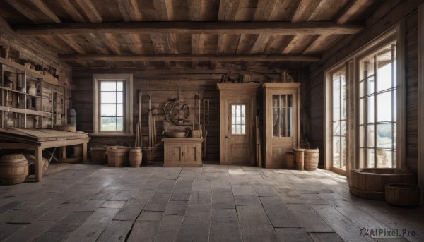 day,indoors,no humans,window,chair,table,sunlight,bottle,scenery,wooden floor,door,bucket,shelf,barrel,crate,plant,stairs,clock,potted plant,floor,cabinet