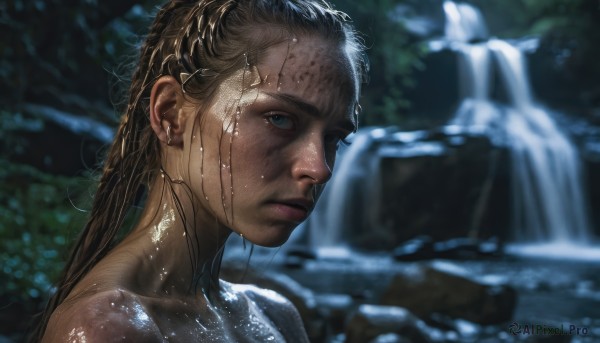 1girl, solo, long hair, looking at viewer, blue eyes, brown hair, closed mouth, outdoors, water, blurry, lips, wet, depth of field, blurry background, portrait, realistic, nose, wet hair, waterfall