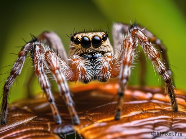 solo,looking at viewer,blurry,no humans,depth of field,blurry background,table,sunglasses,bug,green background,realistic,antennae,animal focus,arthropod girl,spider,full body,claws,spikes,veins,monster,extra arms,extra eyes,horror (theme)