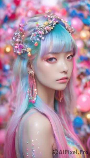 1girl,solo,long hair,breasts,looking at viewer,bangs,hair ornament,dress,bare shoulders,jewelry,closed mouth,blue hair,upper body,pink hair,flower,multicolored hair,earrings,sleeveless,artist name,hair flower,blunt bangs,blurry,from side,two-tone hair,lips,looking to the side,eyelashes,aqua hair,gradient hair,makeup,depth of field,blurry background,watermark,lipstick,gem,web address,eyeshadow,beads,pink lips,realistic,nose,eyeliner,colorful,mascara,pearl (gemstone),black eyes,grey eyes,bokeh