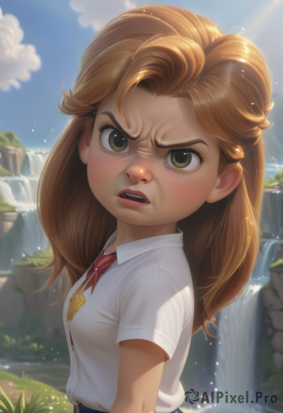 1girl,solo,long hair,breasts,looking at viewer,open mouth,skirt,brown hair,shirt,brown eyes,school uniform,green eyes,white shirt,upper body,short sleeves,small breasts,outdoors,sky,teeth,day,collared shirt,artist name,cloud,water,blue sky,lips,blue skirt,watermark,grass,web address,angry,freckles,realistic,nose,female child,annoyed,waterfall,blush,aged down