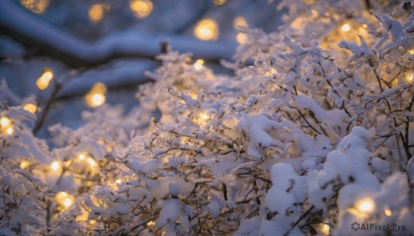 outdoors,blurry,tree,no humans,night,depth of field,blurry background,scenery,snow,lantern,blurry foreground,branch,winter,paper lantern,sky,cloud,from above,plant,night sky