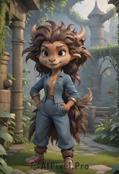 solo,long hair,looking at viewer,smile,brown hair,1boy,animal ears,brown eyes,jewelry,very long hair,closed mouth,standing,jacket,tail,full body,male focus,boots,outdoors,open clothes,horns,day,belt,pants,artist name,necklace,black eyes,open jacket,leaf,brown footwear,thick eyebrows,grass,plant,blue jacket,messy hair,furry,freckles,hands on hips,hands in pockets,blue pants,vines,mushroom,brown fur,hooves,1girl,breasts,shirt,gloves,long sleeves,cleavage,collarbone,earrings,small breasts,sky,blue sky,buttons,watermark,brown gloves,pendant,furry female,brown belt,cow horns,body fur,leather,two-tone fur,moss