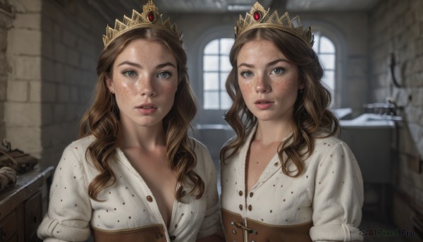 long hair,breasts,looking at viewer,blue eyes,multiple girls,brown hair,shirt,2girls,jewelry,upper body,weapon,earrings,parted lips,sword,indoors,blurry,lips,window,siblings,wavy hair,tiara,crown,sisters,freckles,curly hair,shield,twins,realistic,dirty,princess,dress,grey eyes,body freckles