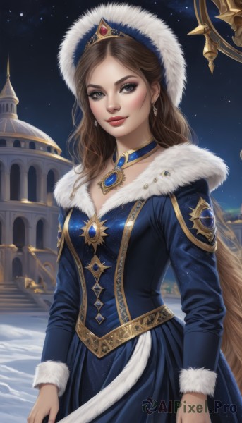 1girl,solo,long hair,breasts,looking at viewer,smile,blue eyes,brown hair,long sleeves,hat,dress,cleavage,jewelry,medium breasts,very long hair,closed mouth,standing,earrings,outdoors,sky,choker,artist name,necklace,lips,fur trim,makeup,night,blue dress,watermark,crown,gem,star (sky),night sky,snow,starry sky,gold trim,snowing,red lips,fur-trimmed sleeves,winter,castle,fur hat,blue gemstone,bangs,brown eyes,grey eyes,tiara,lipstick,eyeshadow,realistic,blue choker