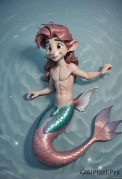 solo,long hair,looking at viewer,smile,brown hair,1boy,navel,animal ears,nipples,full body,male focus,red hair,pointy ears,artist name,black eyes,abs,pectorals,topless male,scales,furry male,male child,head fins,monster boy,fins,blush,open mouth,bangs,brown eyes,jewelry,collarbone,:d,nude,earrings,teeth,water,completely nude,watermark,genderswap,web address,freckles,toned,underwater,genderswap (ftm)