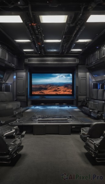 sky,cloud,indoors,blue sky,no humans,window,chair,scenery,science fiction,cable,television,monitor,cockpit,seat,cloudy sky,ground vehicle,motor vehicle,horizon,space,planet,landscape,spacecraft,car interior