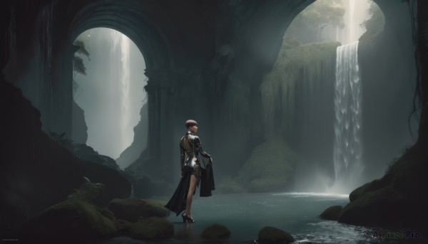 1girl,solo,short hair,brown hair,gloves,long sleeves,dress,standing,outdoors,pointy ears,dark skin,water,from behind,black footwear,black dress,high heels,dark-skinned female,sunlight,scenery,light rays,wide shot,pillar,waterfall,moss,looking at viewer,weapon,mask