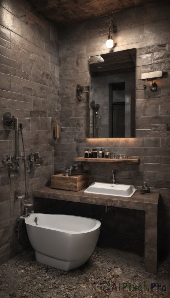 indoors,no humans,scenery,mirror,door,tiles,lamp,wall,bathroom,brick wall,stool,bathtub,tile wall,toilet,sink,industrial pipe,faucet,table,bottle,stairs,candle,candlestand,cabinet,chandelier