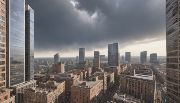 outdoors,sky,day,cloud,tree,no humans,cloudy sky,building,scenery,city,cityscape,skyscraper,blue sky,window,road