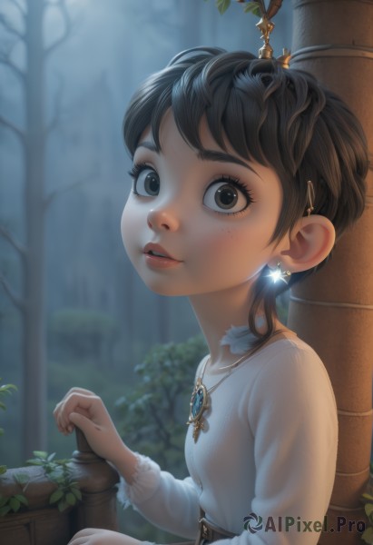 1girl,solo,looking at viewer,short hair,bangs,brown hair,shirt,black hair,hair ornament,long sleeves,brown eyes,jewelry,white shirt,upper body,earrings,small breasts,outdoors,parted lips,hairclip,artist name,necklace,star (symbol),blurry,black eyes,tree,lips,eyelashes,depth of field,blurry background,leaf,plant,child,nature,pendant,forest,freckles,nose,breasts,dress,teeth,from side,fingernails,blouse,star earrings