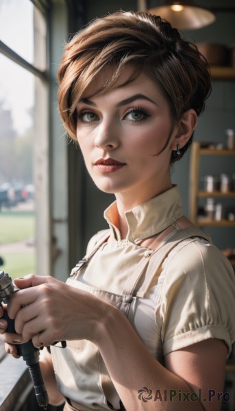 1girl,solo,looking at viewer,short hair,brown hair,shirt,holding,brown eyes,jewelry,white shirt,upper body,short sleeves,earrings,parted lips,indoors,hair bun,mole,blurry,lips,eyelashes,depth of field,blurry background,freckles,realistic,nose,bangs,closed mouth,weapon,artist name,apron,window,microphone