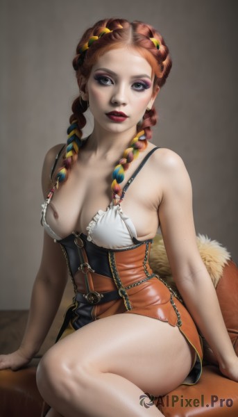 1girl,solo,long hair,breasts,looking at viewer,blue eyes,skirt,large breasts,brown hair,hair ornament,dress,cleavage,bare shoulders,jewelry,medium breasts,sitting,collarbone,braid,thighs,red hair,multicolored hair,earrings,parted lips,sleeveless,belt,orange hair,twin braids,lips,bare arms,bare legs,makeup,arm support,short dress,lipstick,couch,bandaid,corset,areola slip,eyeshadow,freckles,realistic,nose,pasties,red lips,bandaids on nipples,veiny breasts,multiple braids,brown eyes,teeth,artist name,signature,mole,grey eyes,watermark,mole under mouth,web address,forehead,side slit,orange dress