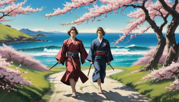 ryougi shiki,smile,short hair,multiple girls,brown hair,black hair,holding,2girls,closed eyes,weapon,outdoors,japanese clothes,sky,barefoot,day,sword,kimono,water,tree,sash,petals,ocean,obi,katana,grass,cherry blossoms,scenery,walking,dual wielding,blue kimono,male focus,multiple boys,2boys,holding weapon,blue sky,shadow,beach,mountain,road