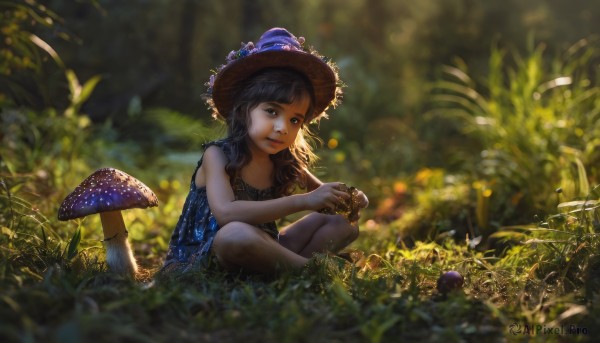 1girl,solo,long hair,looking at viewer,smile,bangs,blue eyes,brown hair,black hair,hat,dress,holding,bare shoulders,sitting,closed mouth,flower,outdoors,sleeveless,day,artist name,blurry,tree,lips,bare arms,witch hat,sleeveless dress,depth of field,blurry background,blue dress,sunlight,grass,bug,plant,nature,backlighting,sun hat,realistic,straw hat,hat flower,indian style,mushroom,black eyes,squatting