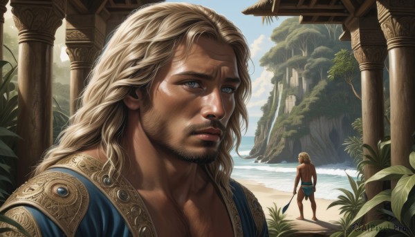 long hair,looking at viewer,blue eyes,blonde hair,1boy,holding,standing,weapon,braid,male focus,outdoors,multiple boys,sky,barefoot,day,sword,cloud,2boys,water,from behind,holding weapon,tree,lips,muscular,facial hair,ocean,beach,holding sword,plant,scenery,beard,topless male,realistic,mustache,sand,palm tree,manly,pillar,solo,upper body,scar,sunlight,scar on face,waterfall