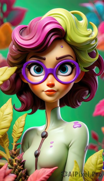 1girl,solo,breasts,looking at viewer,smile,short hair,blue eyes,blonde hair,brown hair,closed mouth,upper body,pink hair,flower,multicolored hair,small breasts,glasses,artist name,blurry,two-tone hair,lips,petals,eyelashes,bodysuit,makeup,turtleneck,leaf,plant,lipstick,eyeshadow,zipper,freckles,green background,curly hair,nose,green bodysuit,green hair,purple-framed eyewear