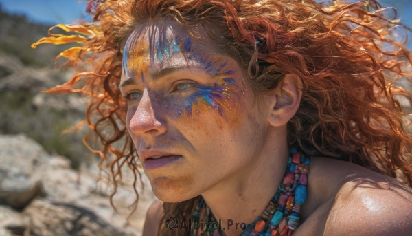 1girl,solo,long hair,blue eyes,brown hair,1boy,jewelry,outdoors,parted lips,sky,day,necklace,blurry,lips,depth of field,blurry background,wavy hair,messy hair,portrait,freckles,curly hair,rock,realistic,nose,facepaint,orange hair,eyelashes,floating hair,facial mark,looking away,wind,close-up,beads,looking afar,dirty