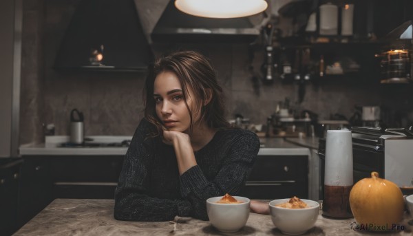 1girl,solo,looking at viewer,short hair,brown hair,shirt,long sleeves,brown eyes,upper body,food,indoors,blurry,sweater,cup,lips,black shirt,table,bowl,head rest,realistic,spoon,nose,black sweater,kitchen,counter,long hair,blue eyes,signature,fruit,bottle