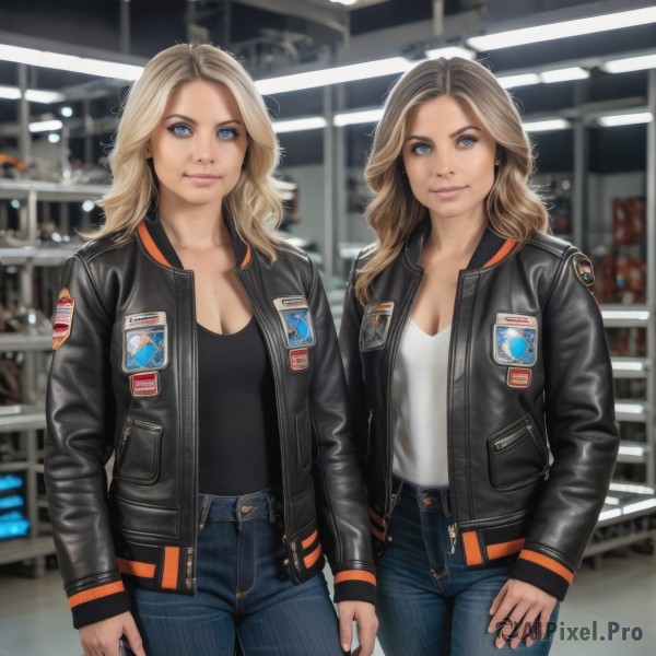 long hair,breasts,looking at viewer,smile,blue eyes,multiple girls,blonde hair,brown hair,shirt,long sleeves,2girls,cleavage,medium breasts,closed mouth,jacket,cowboy shot,open clothes,pants,indoors,medium hair,blurry,open jacket,lips,black jacket,blurry background,denim,forehead,jeans,realistic,arms at sides,leather,badge,leather jacket,photo background,patch,1girl,bangs,holding,standing,white shirt,mole,wavy hair,phone,cellphone,tank top,casual,smartphone,unzipped,torn pants,torn jeans