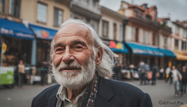 solo,looking at viewer,shirt,1boy,closed mouth,jacket,white shirt,upper body,white hair,male focus,outdoors,necktie,solo focus,day,collared shirt,blurry,black eyes,black jacket,depth of field,blurry background,facial hair,formal,thick eyebrows,suit,building,beard,meme,realistic,mustache,bald,old,old man,crowd,photo background,wrinkled skin,grey hair,one eye closed,sky,lips,grey eyes,scar,parody,portrait,scar on face,scar across eye,road,street