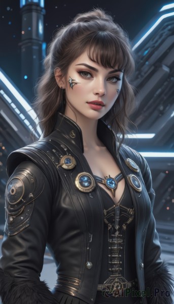 1girl,solo,long hair,breasts,looking at viewer,bangs,brown hair,long sleeves,cleavage,brown eyes,jewelry,medium breasts,closed mouth,jacket,upper body,earrings,open clothes,belt,open jacket,lips,black jacket,fur trim,makeup,facial mark,lipstick,science fiction,realistic,nose,red lips,leather,facial tattoo,parted lips,artist name,watermark,web address,hands in pockets,cyberpunk