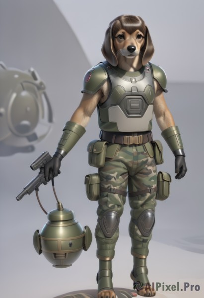 solo,brown hair,gloves,1boy,holding,brown eyes,standing,full body,weapon,male focus,boots,black gloves,belt,pants,holding weapon,armor,gun,military,helmet,shoulder armor,holding gun,handgun,toenails,dog,pouch,knee pads,camouflage,explosive,1girl,looking at viewer,uniform,military uniform,shadow,dog ears,furry,realistic,green pants,soldier,camouflage pants,body armor