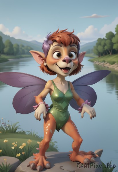 1girl,solo,breasts,blush,smile,short hair,open mouth,bangs,brown hair,animal ears,cleavage,bare shoulders,brown eyes,standing,collarbone,tail,full body,purple hair,flower,multicolored hair,small breasts,outdoors,wings,sky,barefoot,teeth,day,pointy ears,shiny,artist name,cloud,signature,water,orange hair,blurry,covered nipples,two-tone hair,leotard,tree,blue sky,shiny skin,blurry background,cameltoe,fangs,watermark,happy,grass,claws,furry,freckles,legs apart,furry female,fairy wings,bush,fairy,body fur,river,lake,green leotard,animal feet,stream,orange fur,looking at viewer,jewelry,red hair,earrings,tongue,covered navel,white flower,monster girl,messy hair,nature,web address,light blush,animal hands,mountain,yellow flower,animal nose,brown fur