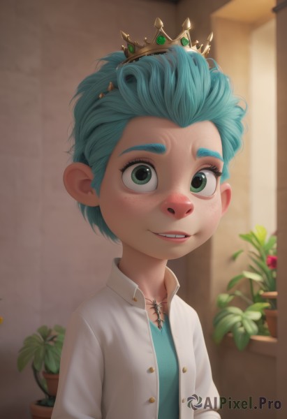 1girl,solo,looking at viewer,smile,short hair,shirt,jewelry,green eyes,blue hair,jacket,white shirt,upper body,parted lips,open clothes,teeth,artist name,indoors,necklace,blurry,lips,eyelashes,aqua hair,buttons,blurry background,tiara,crown,plant,child,web address,forehead,freckles,female child,potted plant,green hair,signature,open jacket,white jacket,thick eyebrows