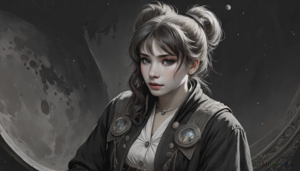 1girl,solo,long hair,looking at viewer,bangs,shirt,black hair,jewelry,closed mouth,jacket,white shirt,upper body,earrings,open clothes,necklace,hair bun,black eyes,lips,black jacket,grey eyes,double bun,moon,pendant,realistic,nose,planet,breasts,brown hair,brown eyes,artist name,black background,red lips