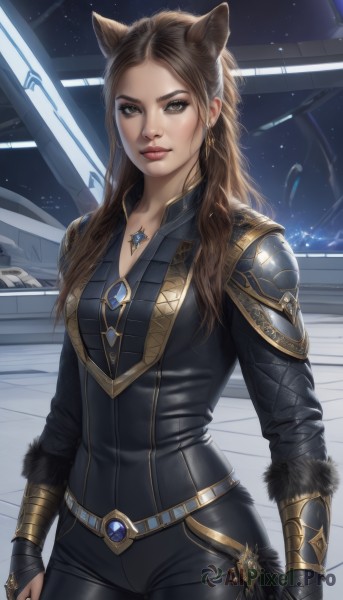 1girl,solo,long hair,breasts,looking at viewer,brown hair,gloves,animal ears,brown eyes,jewelry,medium breasts,standing,cowboy shot,belt,cat ears,necklace,armor,lips,fur trim,bodysuit,gem,pendant,realistic,nose,black bodysuit,space,earrings,signature,shoulder armor,extra ears,science fiction