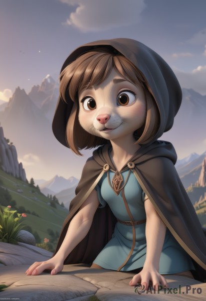 1girl,solo,breasts,blush,smile,short hair,bangs,brown hair,dress,brown eyes,flower,short sleeves,small breasts,outdoors,sky,artist name,cloud,hood,cape,fingernails,book,blue dress,animal,grass,bug,child,cloak,furry,hood up,mountain,furry female,female child,mountainous horizon,hooded cape,looking at viewer,animal ears,parted lips,signature,watermark