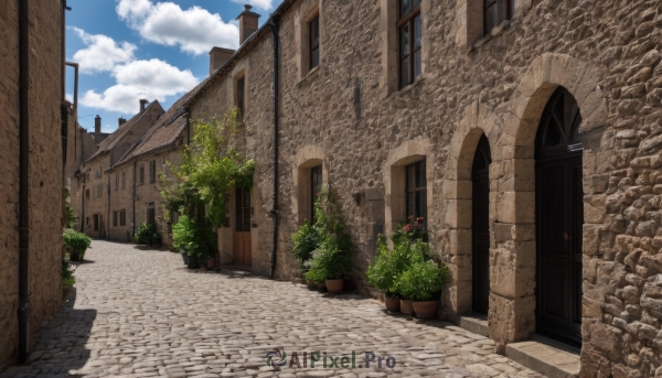 flower,outdoors,sky,day,cloud,tree,blue sky,no humans,window,cloudy sky,plant,building,scenery,door,potted plant,road,bush,wall,house,brick wall,lamppost,street,shadow,stairs,flower pot,path,arch,pavement,stone floor,stone wall