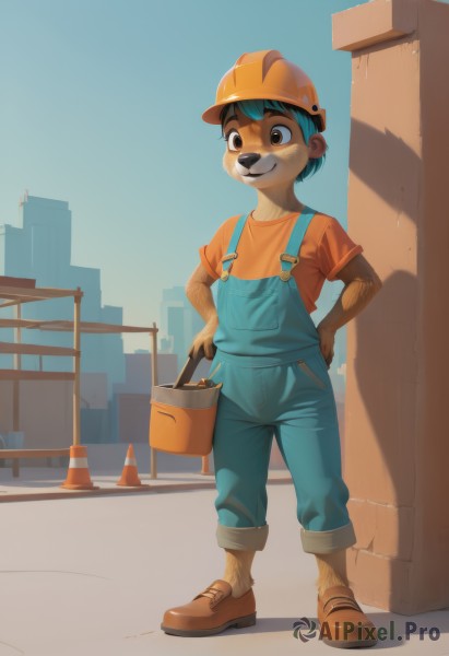 solo,smile,short hair,shirt,1boy,hat,holding,animal ears,brown eyes,blue hair,standing,full body,short sleeves,male focus,outdoors,sky,shoes,day,black eyes,blue sky,brown footwear,building,child,furry,hands on hips,bucket,overalls,furry male,male child,paintbrush,orange shirt,dog boy,green hair,socks,shadow,helmet,t-shirt,red shirt,body fur,animal nose,yellow headwear,brown fur,blue overalls