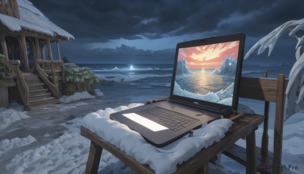 outdoors,sky,cloud,water,tree,no humans,night,ocean,chair,beach,table,cloudy sky,star (sky),scenery,snow,sunset,ice,mountain,sun,horizon,computer,watercraft,winter,laptop,waves,shore,sunrise,plant,building,night sky,rock,monitor,east asian architecture,keyboard (computer),mouse (computer),drawing tablet