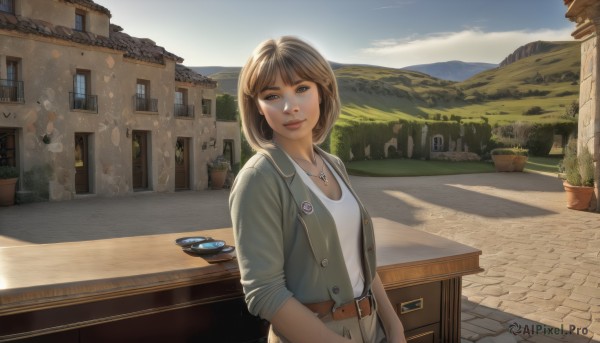 1girl,solo,breasts,looking at viewer,smile,short hair,bangs,brown hair,shirt,brown eyes,jewelry,closed mouth,standing,jacket,white shirt,upper body,outdoors,open clothes,sky,day,belt,pants,cloud,necklace,open jacket,tree,blue sky,lips,window,buttons,sunlight,cross,plant,denim,ground vehicle,building,scenery,motor vehicle,buckle,pendant,sleeves rolled up,belt buckle,city,car,brown belt,road,house,street,town,pavement,denim jacket,table,green jacket,mountain,realistic,potted plant