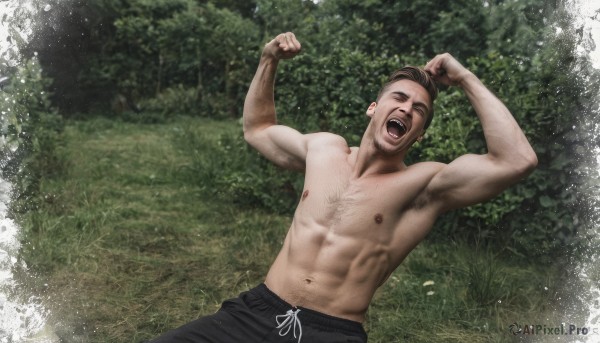 solo,smile,short hair,open mouth,brown hair,black hair,1boy,navel,nipples,closed eyes,male focus,outdoors,lying,shorts,teeth,pants,on back,armpits,tree,muscular,facial hair,black pants,abs,grass,pectorals,muscular male,nature,bara,meme,topless male,realistic,chest hair,navel hair,photo background,armpit hair,arm hair,hairy,day,arms up,parody,black shorts,beard,clenched hands,large pectorals,yawning,body hair,flexing