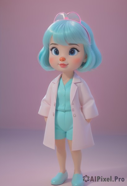 1girl,solo,looking at viewer,blush,smile,short hair,bangs,blue eyes,simple background,shirt,long sleeves,closed mouth,blue hair,standing,full body,hairband,shoes,shorts,lips,blue shirt,child,furry,personification,purple background,blue shorts,blue footwear,hands in pockets,labcoat,female child,humanization,aqua footwear,aqua hair,realistic